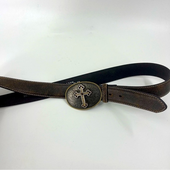 Nocona Luxury Leather Belt with silver Cross buckle/ brushed gold. - Picture 2 of 11